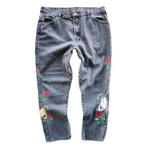 Vtg Dickies Jeans Women 40x30 Embroidered Performing Arts Comedy & Tragedy Roses